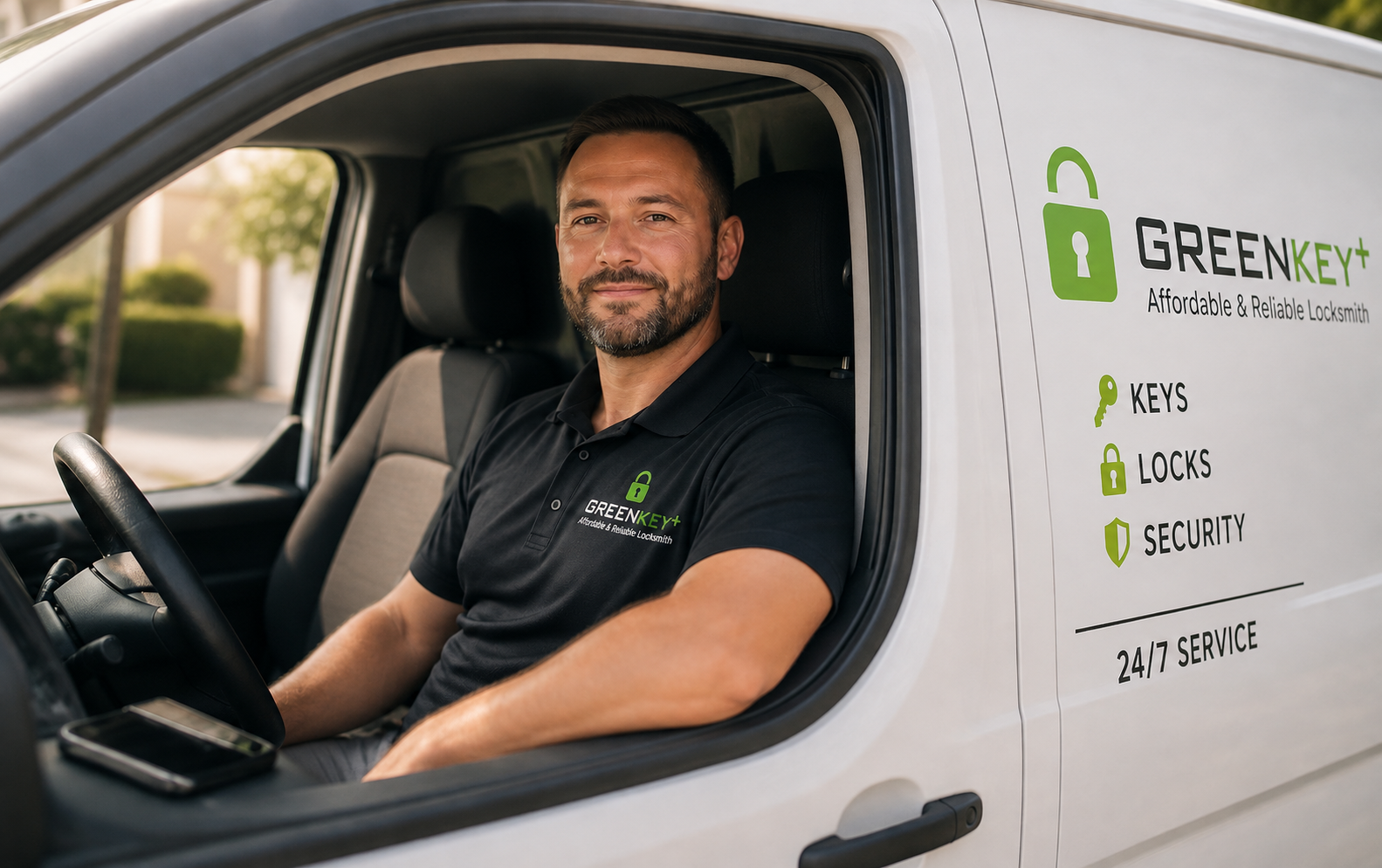 Locksmith business owner relaxed in his service van