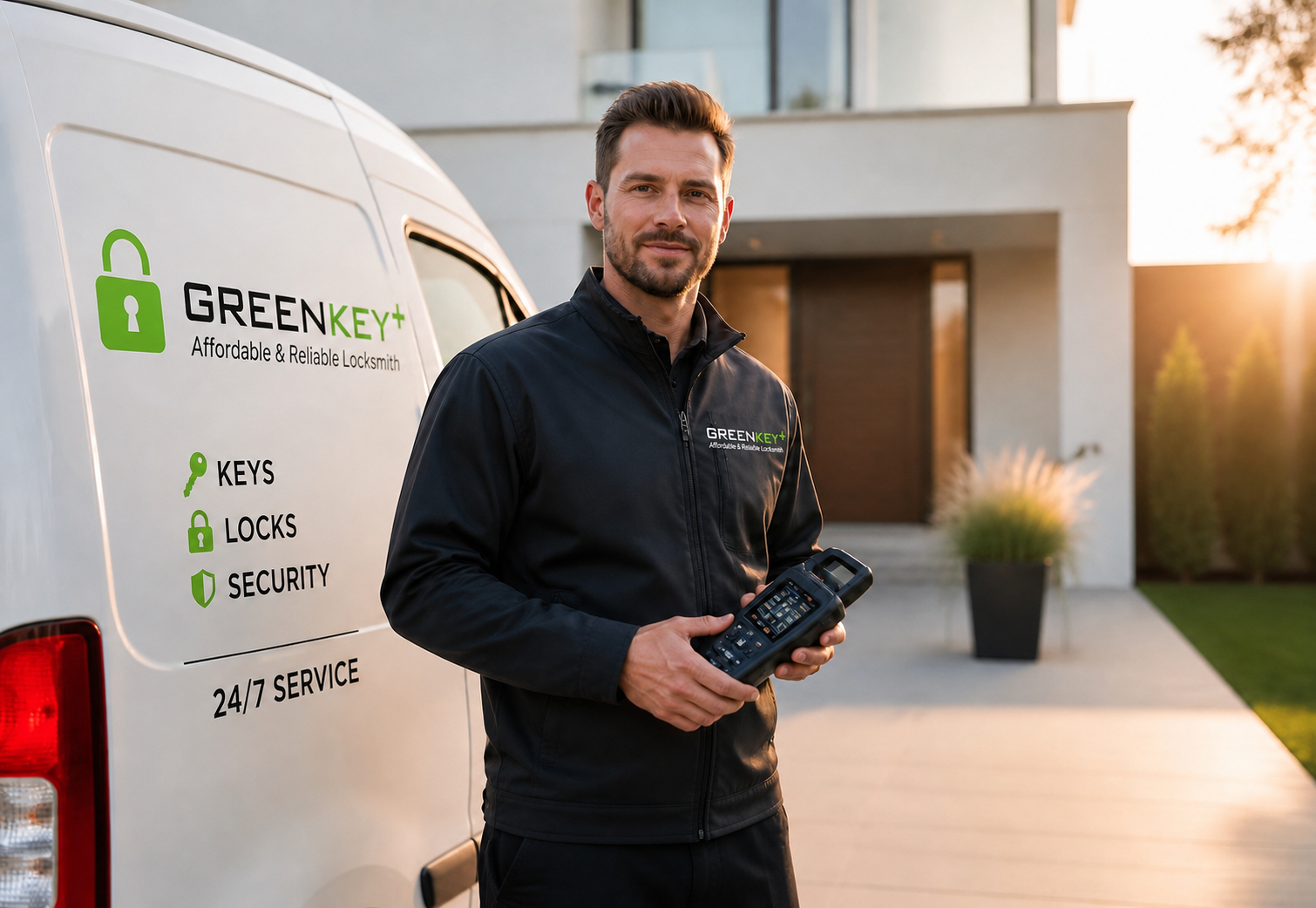 Locksmith technician beside a service van outside a modern home